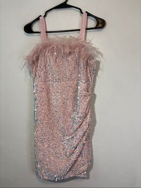 Poppies and Roses Big Girls Feather Plume-Trim Stretch Pink Sequin Dress Youth
